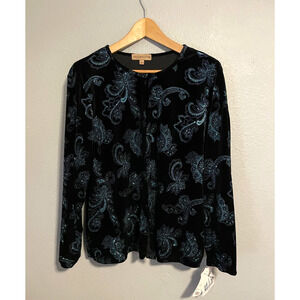Notations Womens Cardigan Set Size XL Black Velvet Paisley Glitter Fairy NWT